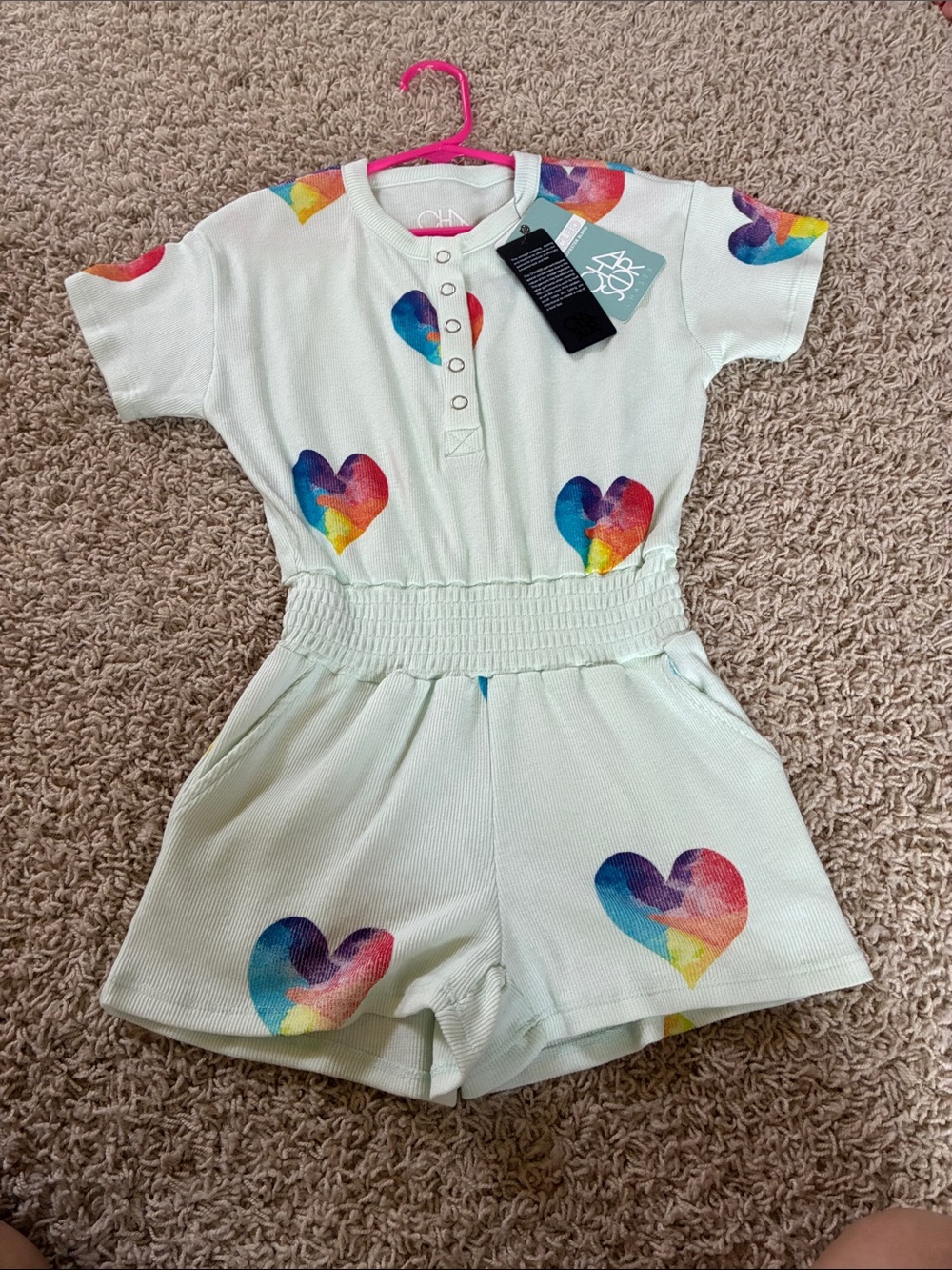 Chaser Mint Romper with Rainbow Heart Prints
